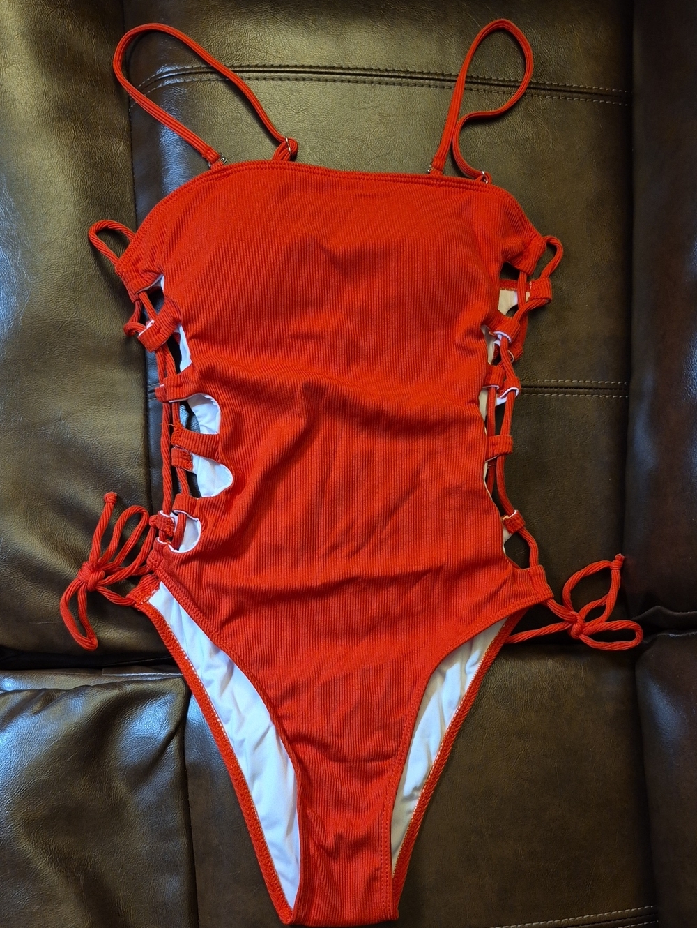 Red Ribbed One-Piece Swimsuit with Side Cutouts